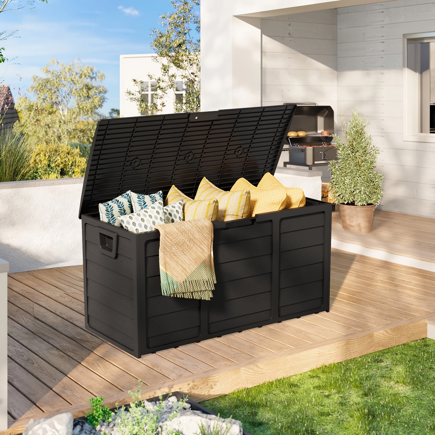 75 Gallon Resin Deck Storage Box with Handles, Easy Assemble Outdoor Waterproof Cabinet for Pool, Garden Tools, Camping Gear