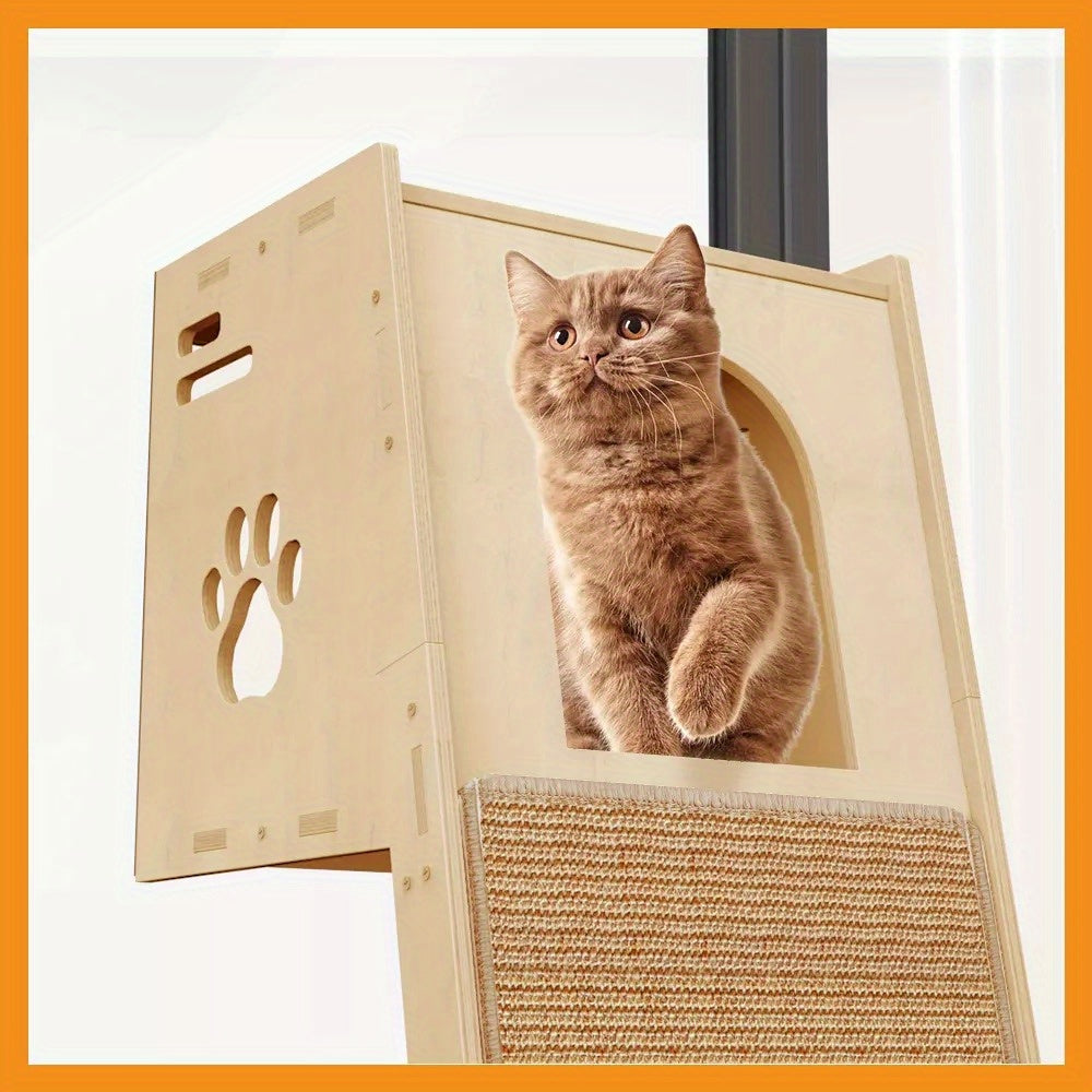 3-in-1 Cat Tree Tower, Wooden Cat House with Climbing Post & Scratching Board, Multi-functional Cat Activity Play Furniture for Kitten Indoor Entertainment