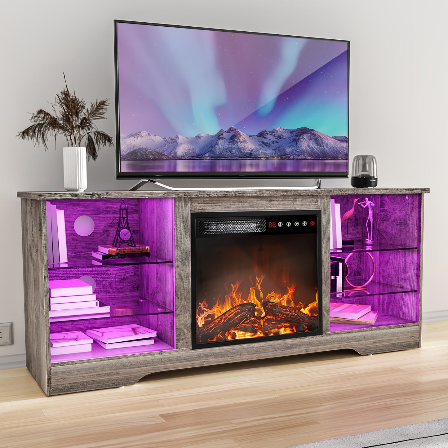 65 Inch Fireplace TV Stand, Modern Entertainment Center with 18 Inch Electric Fireplace, Media Console Cabinet with Glass Shelves & Storage for Living Room Farmhouse Decor