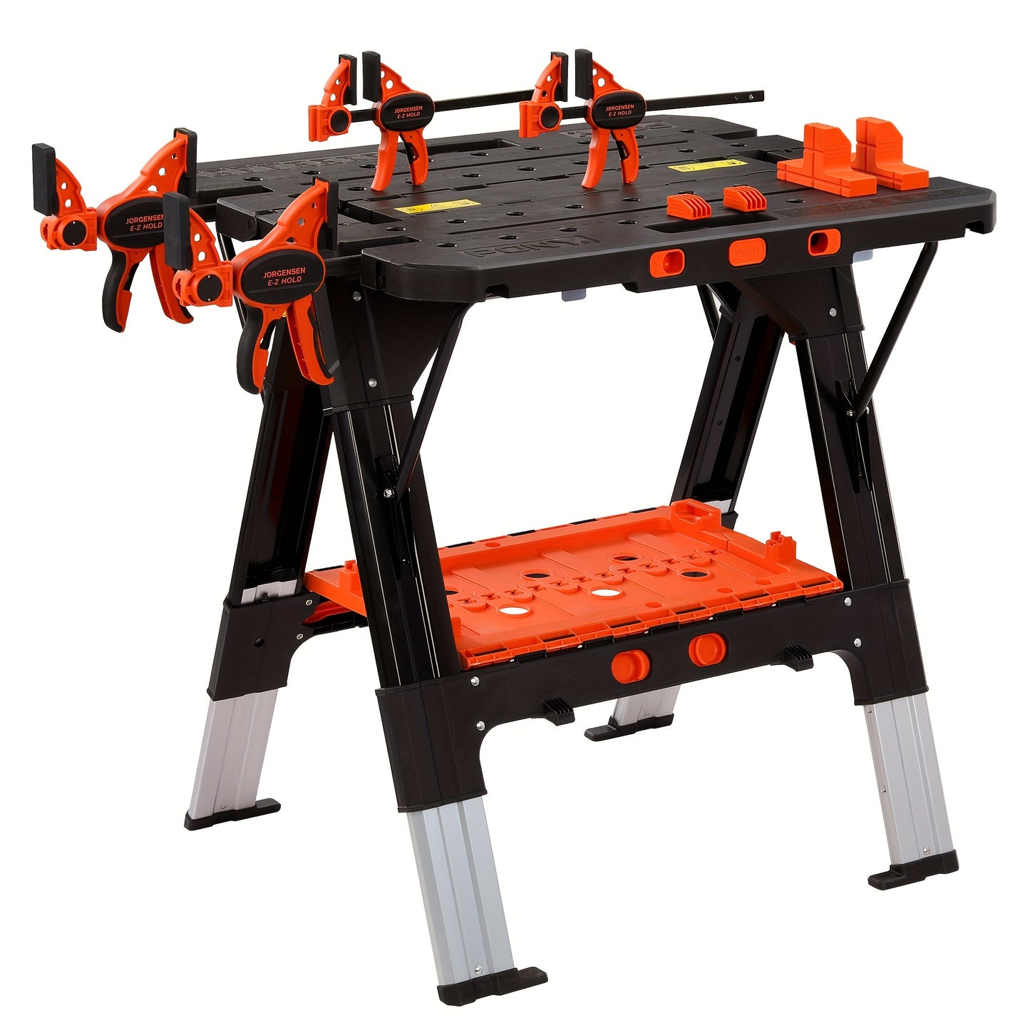 2‑in‑1 Aluminum Folding Workbench & Sawhorse, Portable Heavy‑Duty Work Table 1000/500 Lbs Load Capacity, Adjustable Height with Clamps, Bench Dogs & Safety Straps