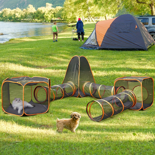 6 In 1 Portable Cat Play Tent with Tunnel, Multifunctional Cat House Foldable Pet Playhouse for Indoor Outdoor Use