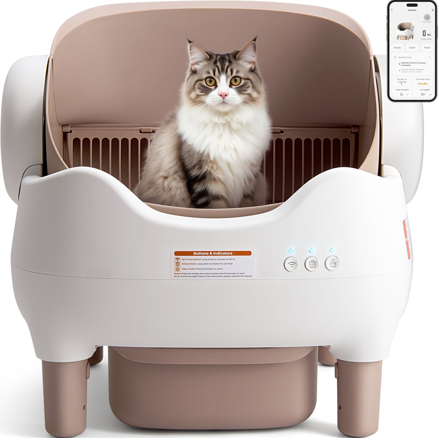 Smart Open‑Top Self‑Cleaning Cat Litter Box, App‑Controlled Automatic Litter Box with Odor Removal & Ambient Light, Large Waste Bin for Multi‑Cat Families