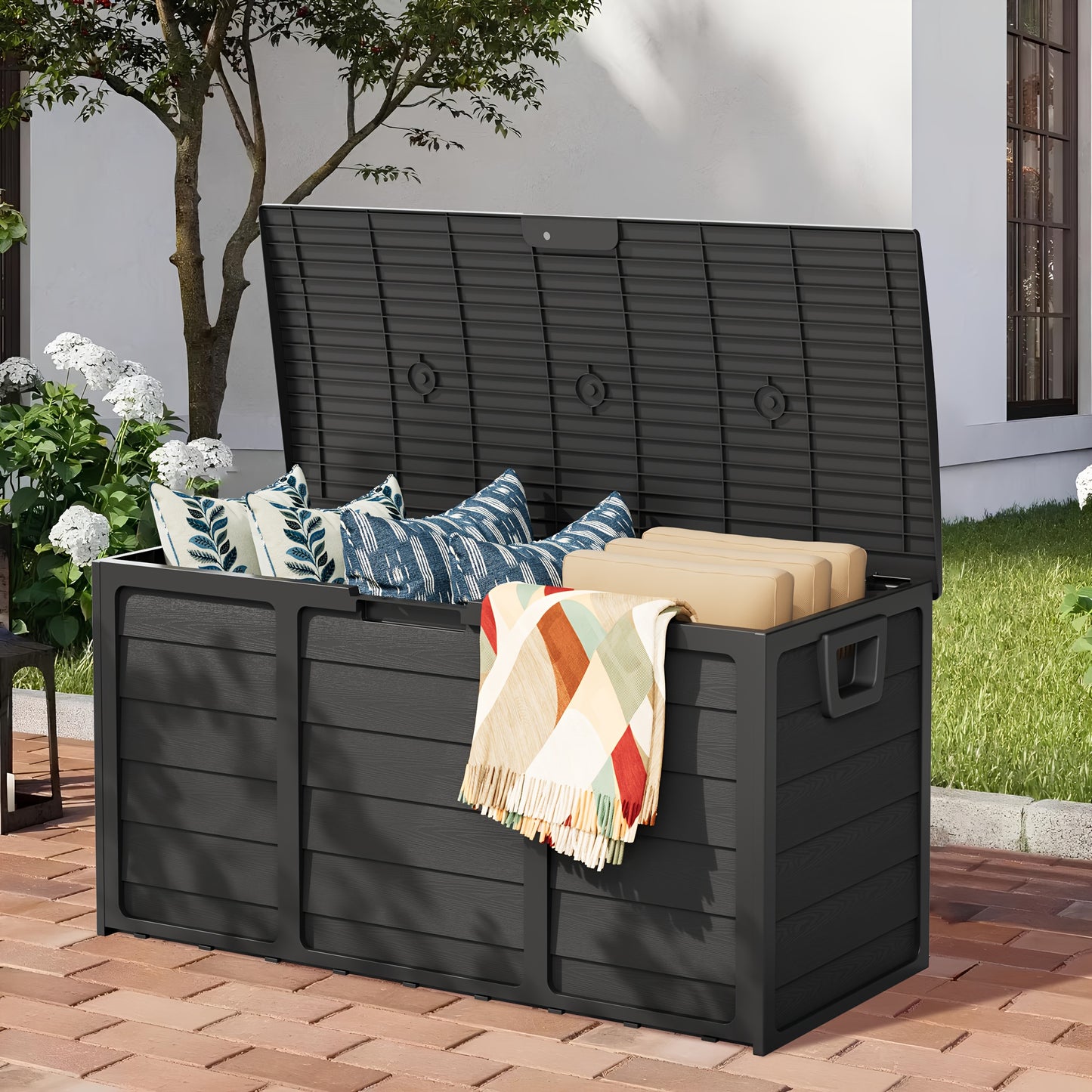 75 Gallon Resin Deck Storage Box with Handles, Easy Assemble Outdoor Waterproof Cabinet for Pool, Garden Tools, Camping Gear