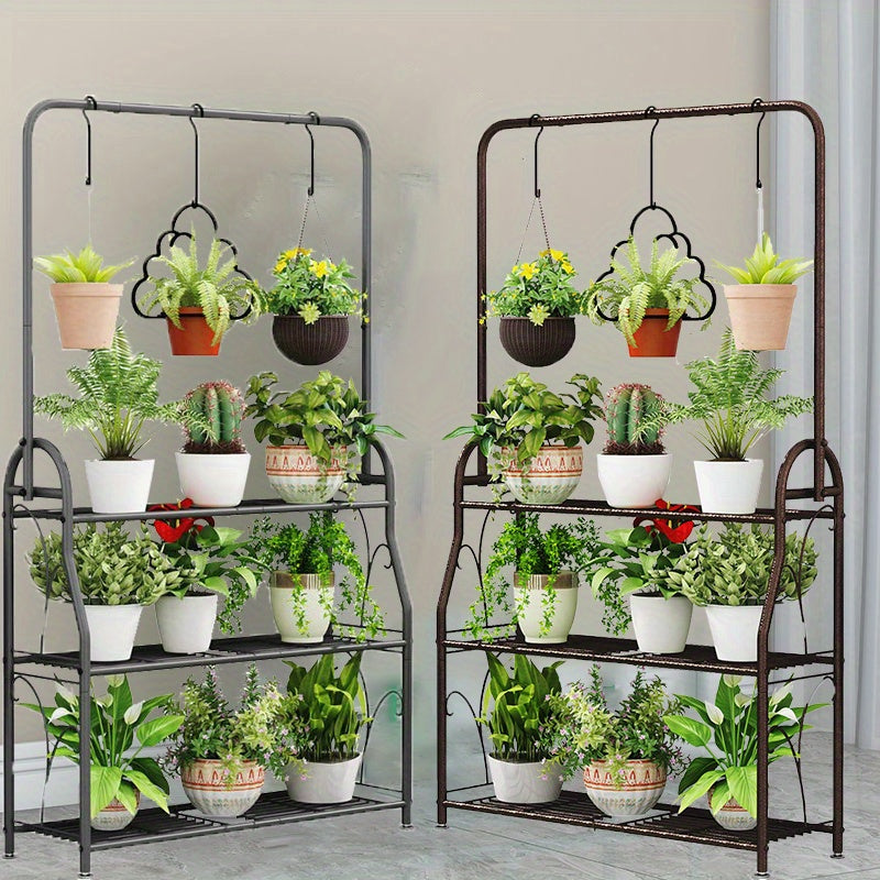 Dark Grey 3-Tier Metal Plant Stand, Indoor Outdoor Hanging Plant Shelf, Multi Flower Pot Holder for Balcony Garden and Home Decor