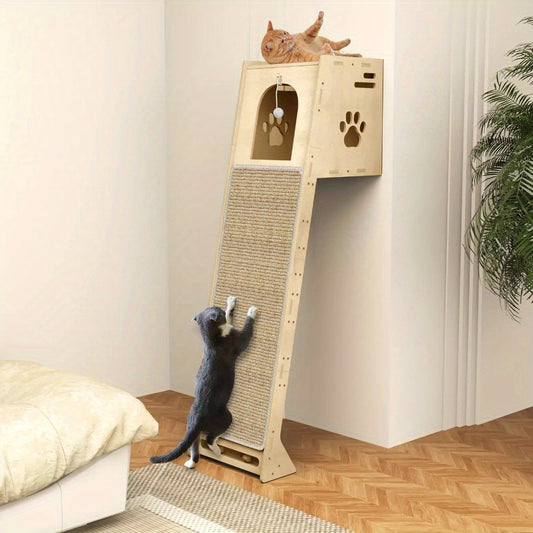 3-in-1 Cat Tree Tower, Wooden Cat House with Climbing Post & Scratching Board, Multi-functional Cat Activity Play Furniture for Kitten Indoor Entertainment