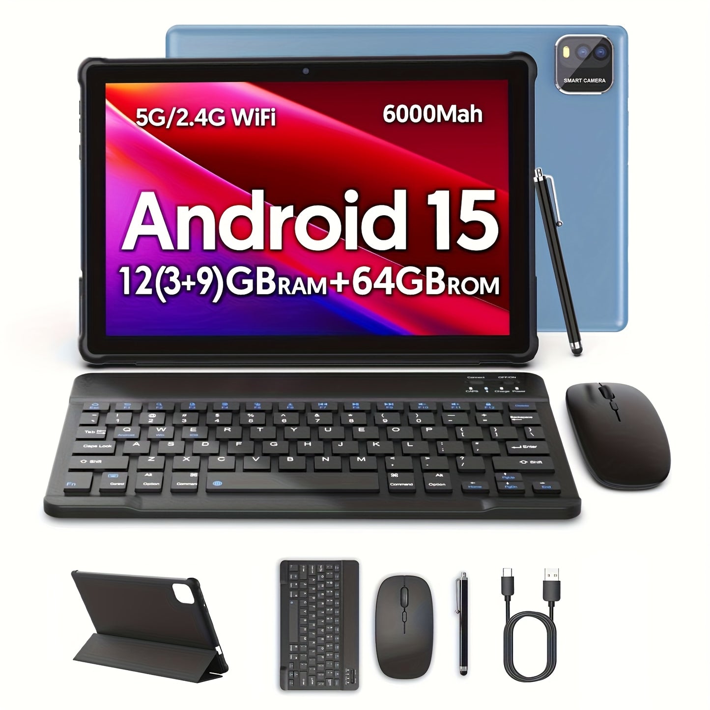 10 Inch Android 15 Tablet, 64GB ROM 12GB RAM Support 1TB Expand, Quad Core WiFi Tablet with FHD IPS Screen 6000mAh Battery, Dual Camera 2-in-1 Tablet with Keyboard Mouse Case Stylus