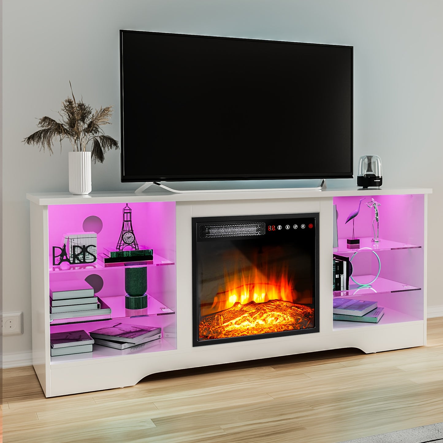 65 Inch Fireplace TV Stand, Modern Entertainment Center with 18 Inch Electric Fireplace, Media Console Cabinet with Glass Shelves & Storage for Living Room Farmhouse Decor