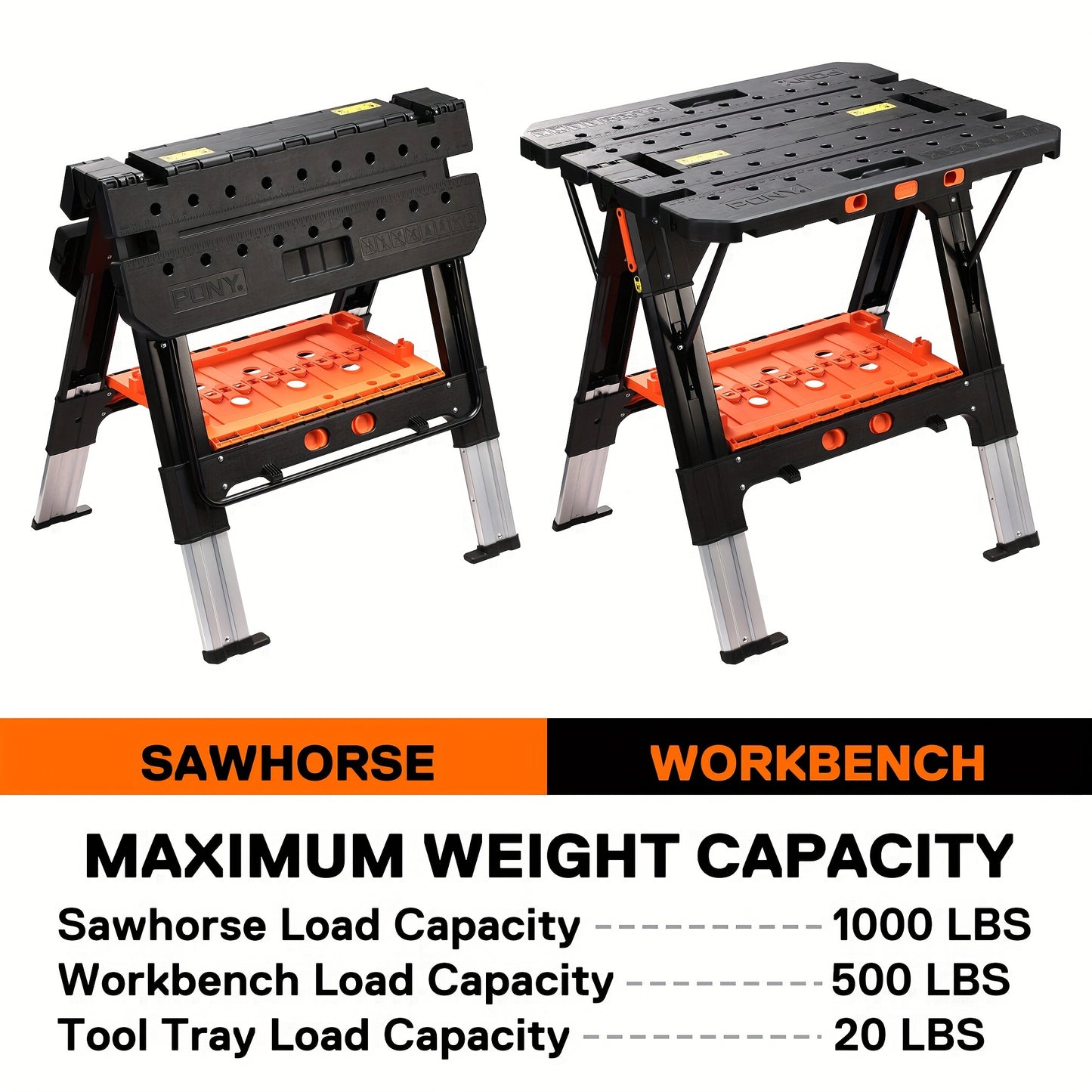 2‑in‑1 Aluminum Folding Workbench & Sawhorse, Portable Heavy‑Duty Work Table 1000/500 Lbs Load Capacity, Adjustable Height with Clamps, Bench Dogs & Safety Straps