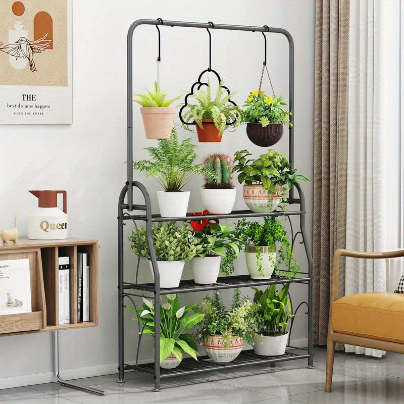 Dark Grey 3-Tier Metal Plant Stand, Indoor Outdoor Hanging Plant Shelf, Multi Flower Pot Holder for Balcony Garden and Home Decor