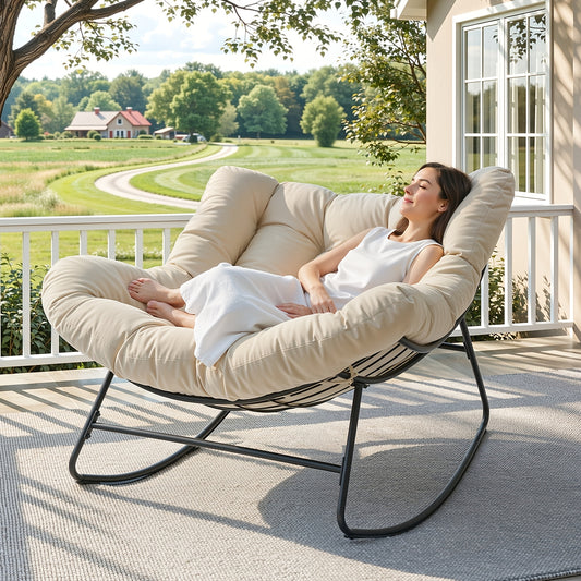 Oversized Outdoor Papasan Rocking Chair, 450LBS Heavy Duty Patio Egg Chair with Thick Soft Cushion, Comfy Rocker Chair for Porch Garden Backyard