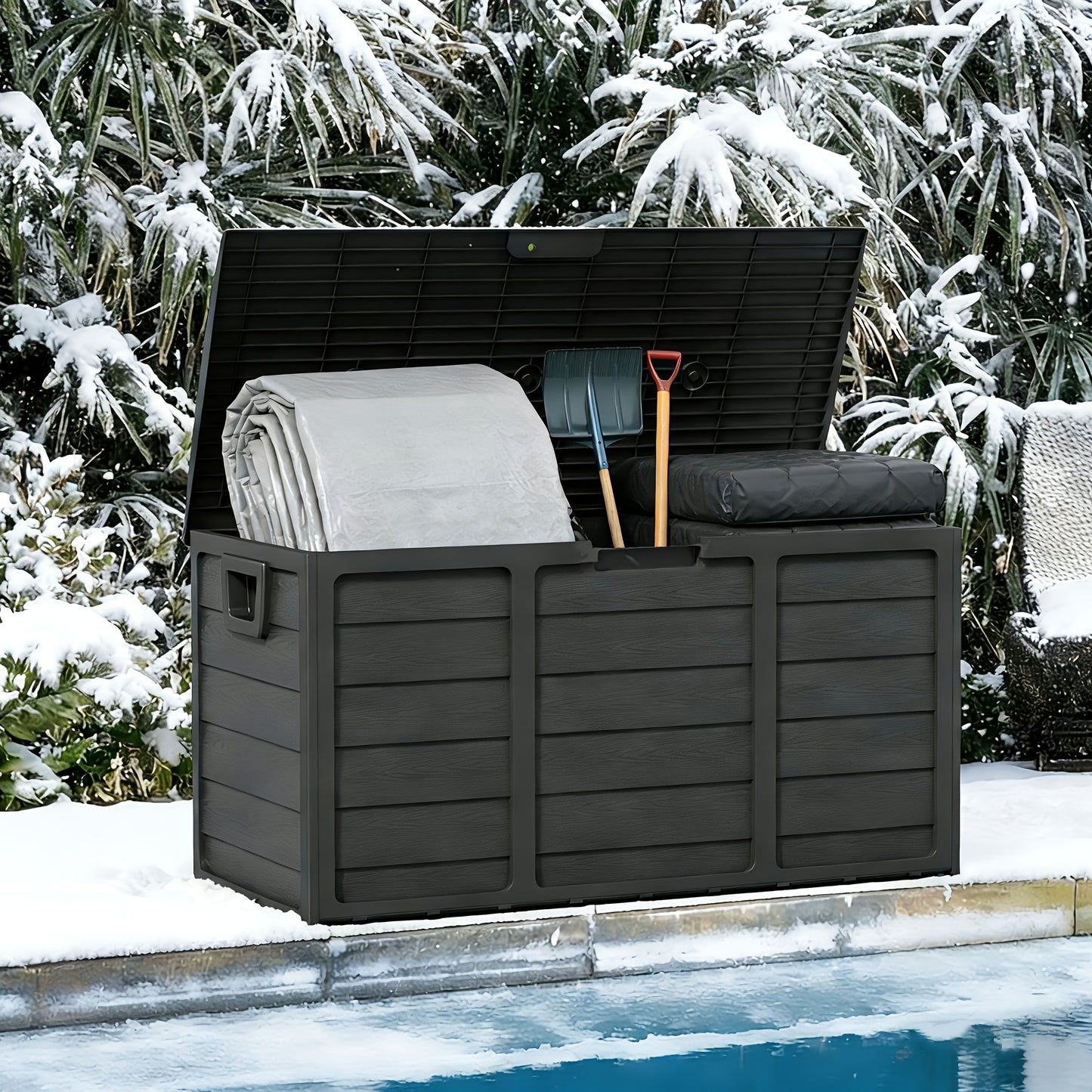 75 Gallon Resin Deck Storage Box with Handles, Easy Assemble Outdoor Waterproof Cabinet for Pool, Garden Tools, Camping Gear