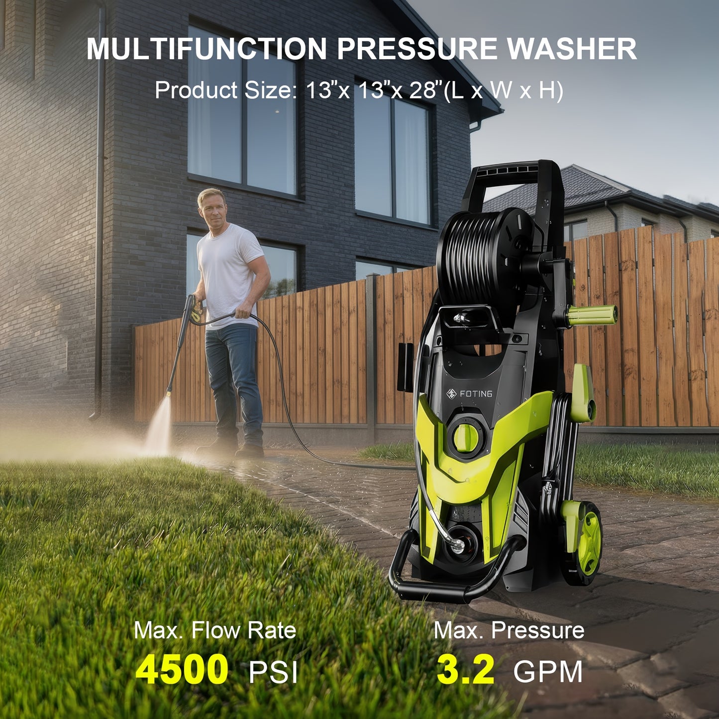 4500PSI Electric Pressure Washer, Portable High Power Washer with Nozzles Foam Cannon for Car Outdoor Home Cleaning