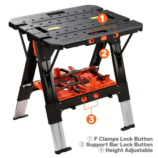 2‑in‑1 Aluminum Folding Workbench & Sawhorse, Portable Heavy‑Duty Work Table 1000/500 Lbs Load Capacity, Adjustable Height with Clamps, Bench Dogs & Safety Straps