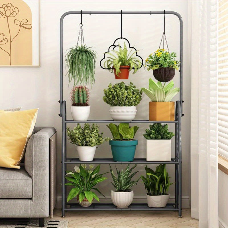 Dark Grey 3-Tier Metal Plant Stand, Indoor Outdoor Hanging Plant Shelf, Multi Flower Pot Holder for Balcony Garden and Home Decor