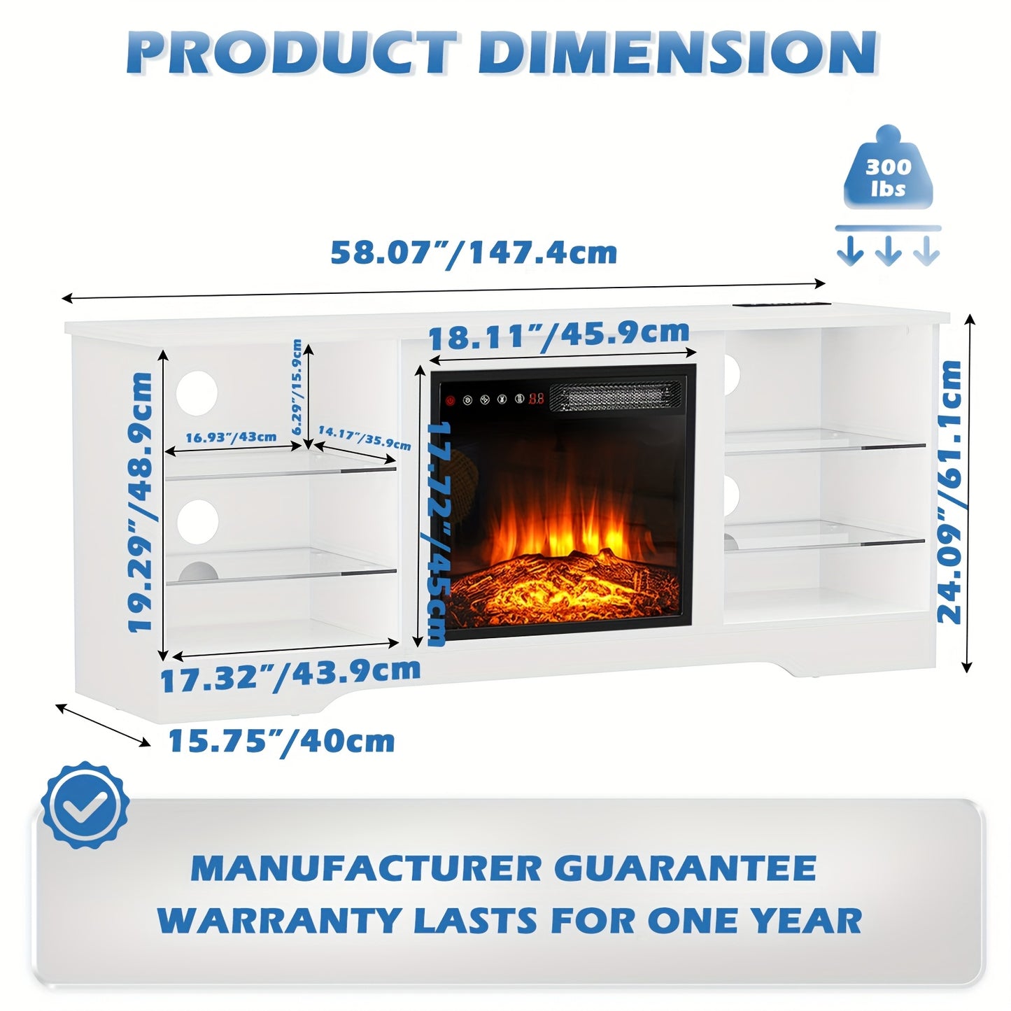 65 Inch Fireplace TV Stand, Modern Entertainment Center with 18 Inch Electric Fireplace, Media Console Cabinet with Glass Shelves & Storage for Living Room Farmhouse Decor