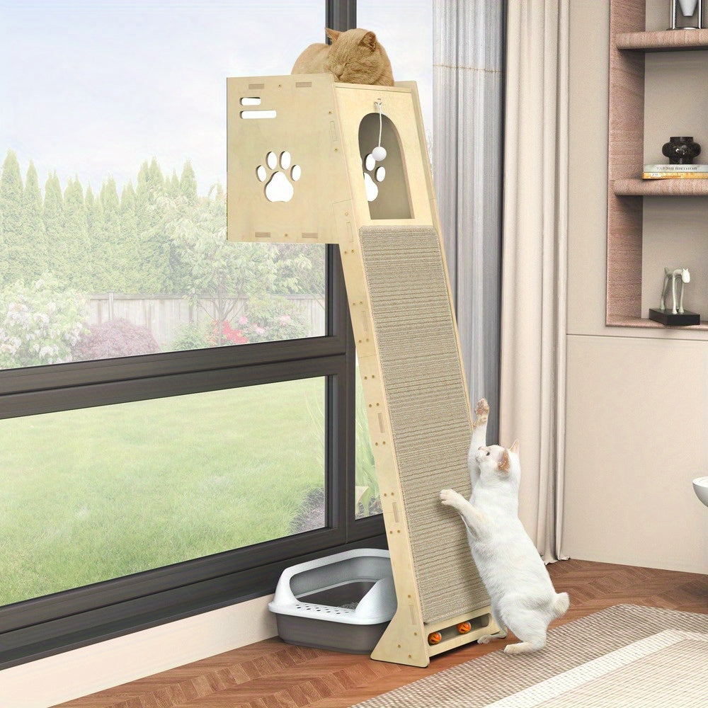 3-in-1 Cat Tree Tower, Wooden Cat House with Climbing Post & Scratching Board, Multi-functional Cat Activity Play Furniture for Kitten Indoor Entertainment
