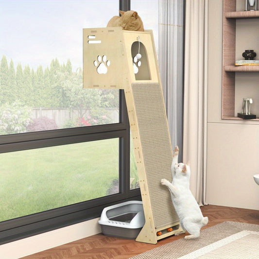3-in-1 Cat Tree Tower, Wooden Cat House with Climbing Post & Scratching Board, Multi-functional Cat Activity Play Furniture for Kitten Indoor Entertainment