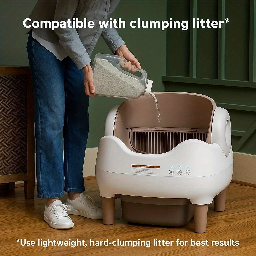 Smart Open‑Top Self‑Cleaning Cat Litter Box, App‑Controlled Automatic Litter Box with Odor Removal & Ambient Light, Large Waste Bin for Multi‑Cat Families