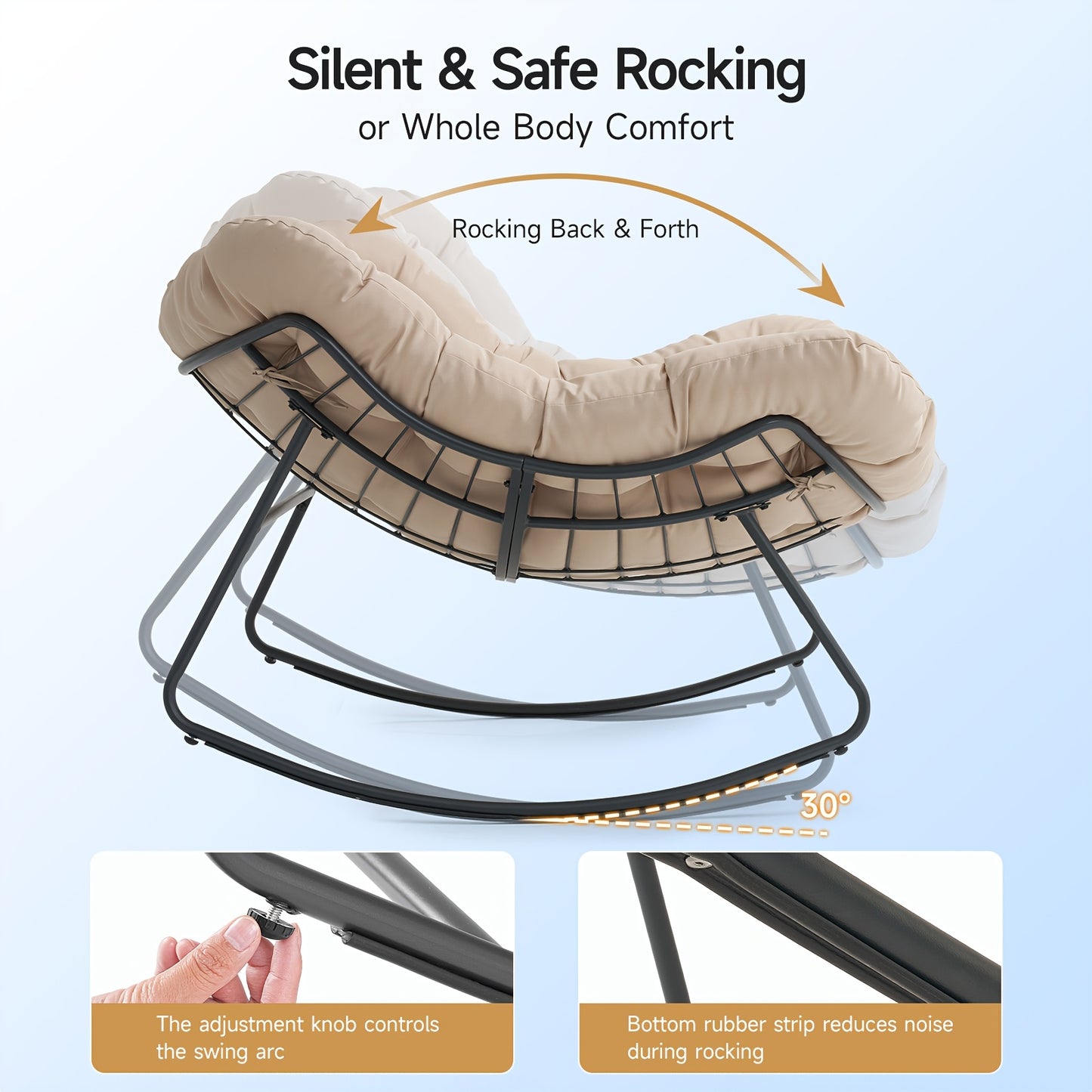 Oversized Outdoor Papasan Rocking Chair, 450LBS Heavy Duty Patio Egg Chair with Thick Soft Cushion, Comfy Rocker Chair for Porch Garden Backyard