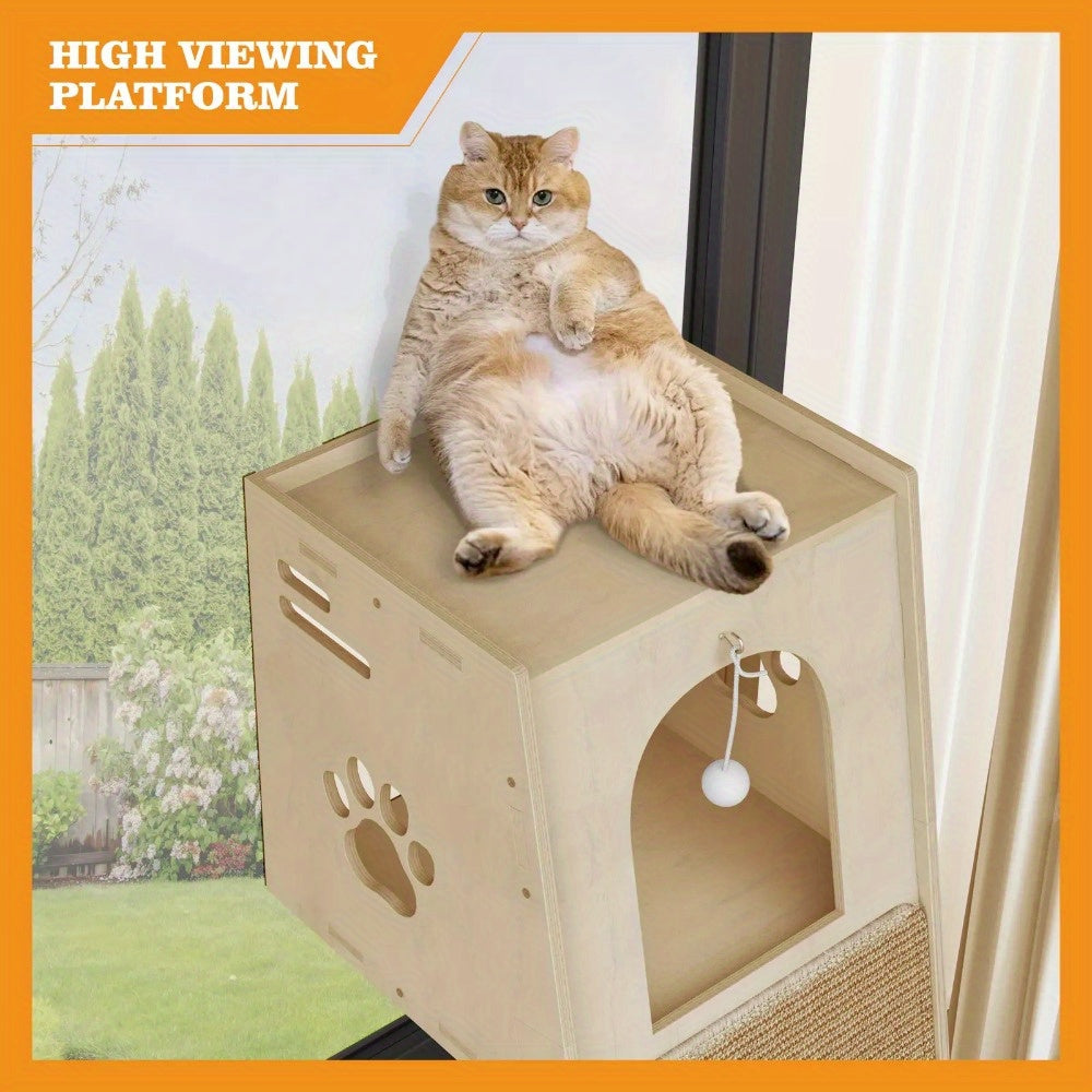 3-in-1 Cat Tree Tower, Wooden Cat House with Climbing Post & Scratching Board, Multi-functional Cat Activity Play Furniture for Kitten Indoor Entertainment