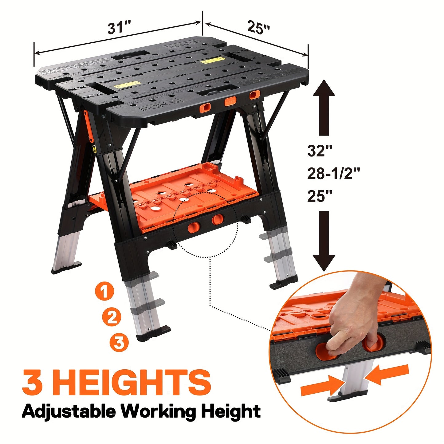 2‑in‑1 Aluminum Folding Workbench & Sawhorse, Portable Heavy‑Duty Work Table 1000/500 Lbs Load Capacity, Adjustable Height with Clamps, Bench Dogs & Safety Straps