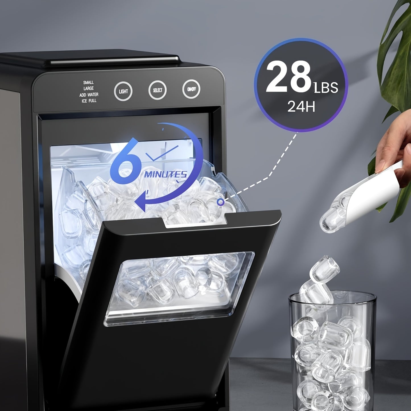 Portable Countertop Ice Maker, 28Lbs/24Hrs Fast Ice Machine with Self-Cleaning Function, Quiet Compact Ice Maker for Home Kitchen RV Outdoor Use