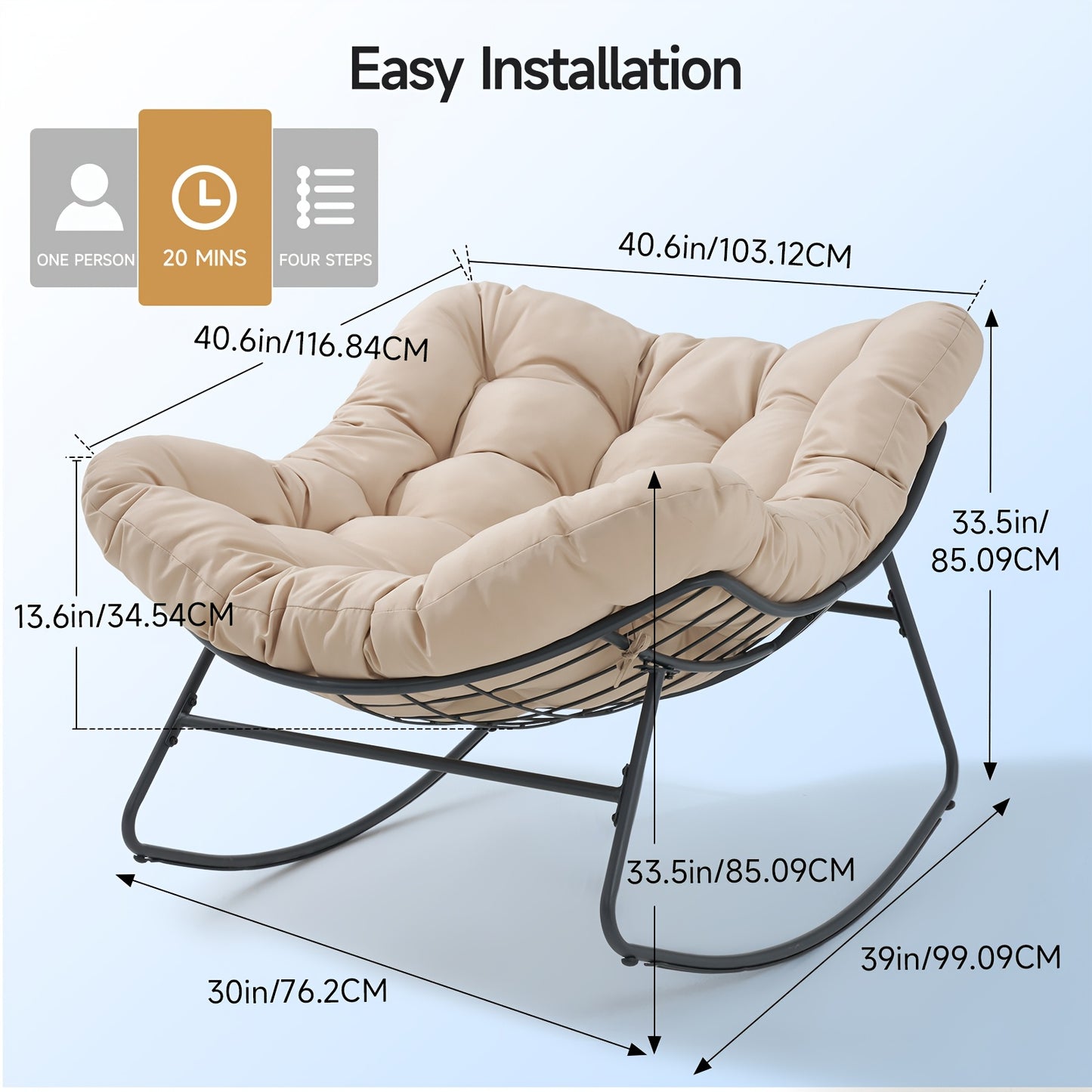Oversized Outdoor Papasan Rocking Chair, 450LBS Heavy Duty Patio Egg Chair with Thick Soft Cushion, Comfy Rocker Chair for Porch Garden Backyard