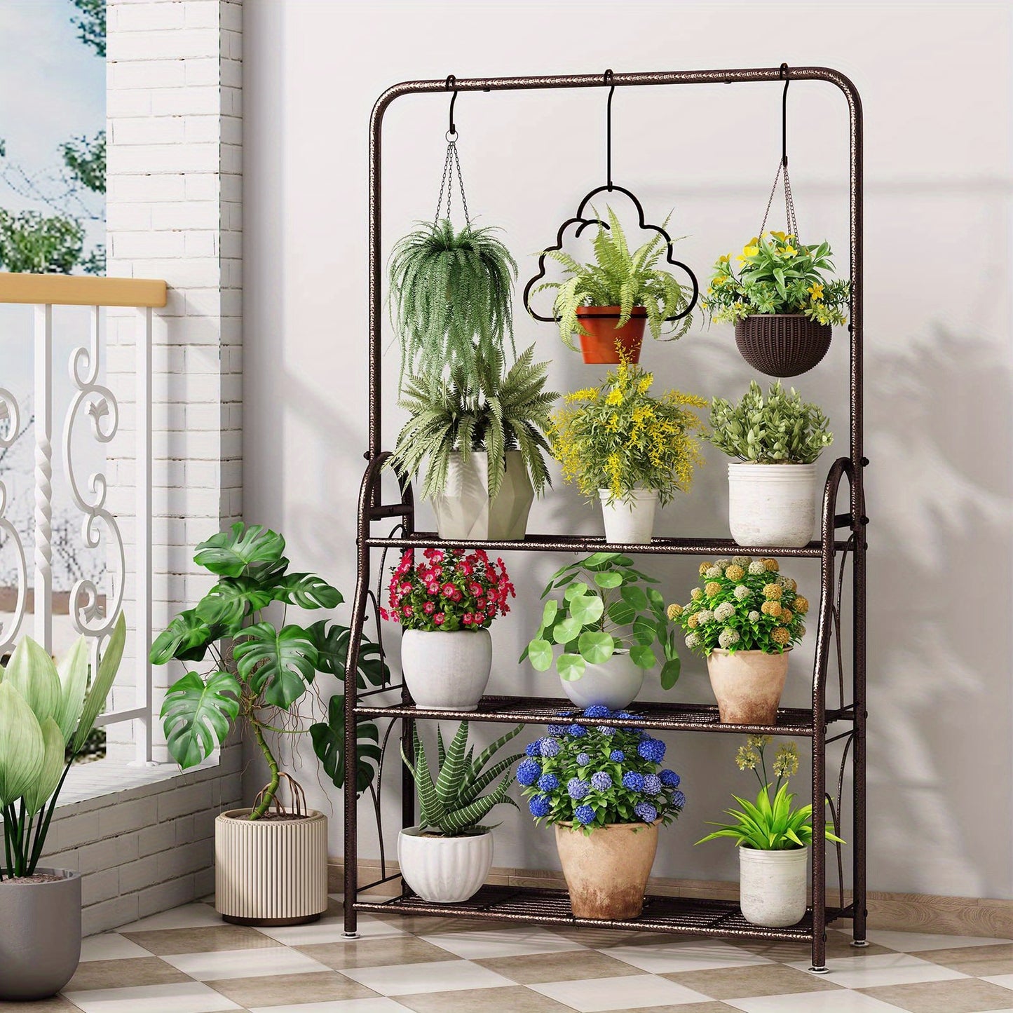 Dark Grey 3-Tier Metal Plant Stand, Indoor Outdoor Hanging Plant Shelf, Multi Flower Pot Holder for Balcony Garden and Home Decor