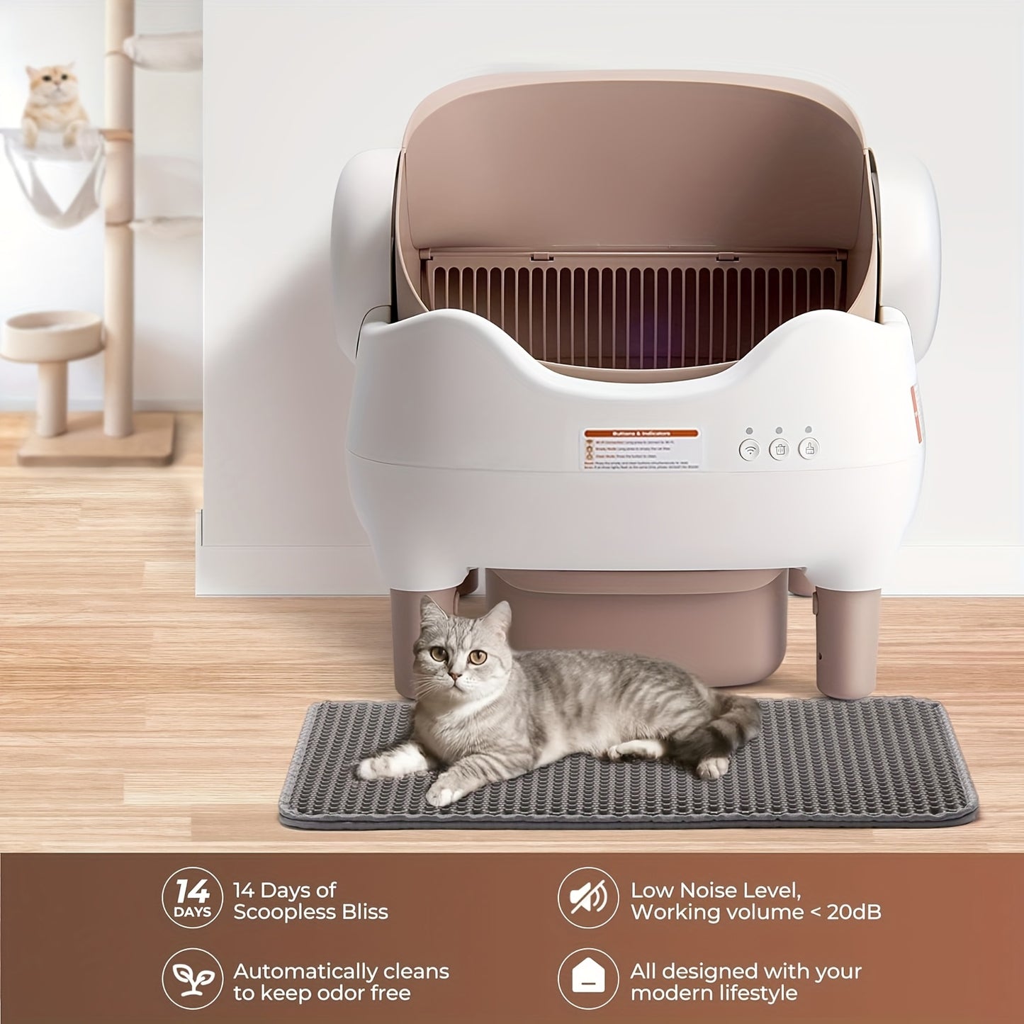 Smart Open‑Top Self‑Cleaning Cat Litter Box, App‑Controlled Automatic Litter Box with Odor Removal & Ambient Light, Large Waste Bin for Multi‑Cat Families