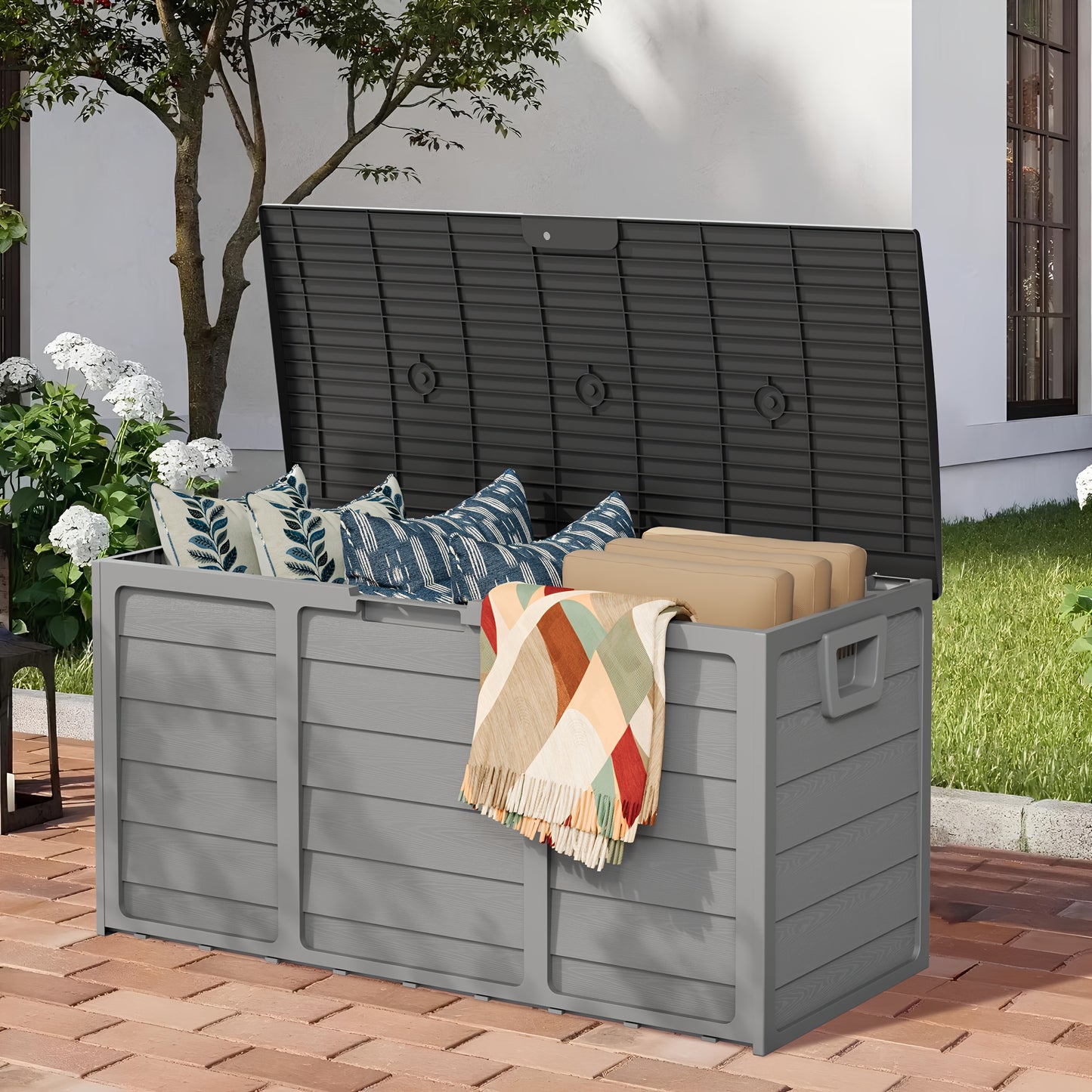 75 Gallon Resin Deck Storage Box with Handles, Easy Assemble Outdoor Waterproof Cabinet for Pool, Garden Tools, Camping Gear