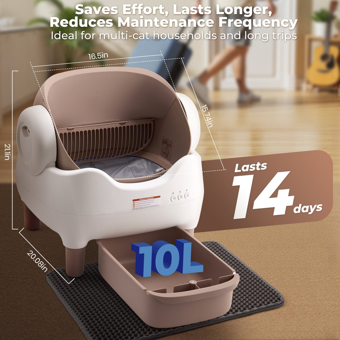 Smart Open‑Top Self‑Cleaning Cat Litter Box, App‑Controlled Automatic Litter Box with Odor Removal & Ambient Light, Large Waste Bin for Multi‑Cat Families