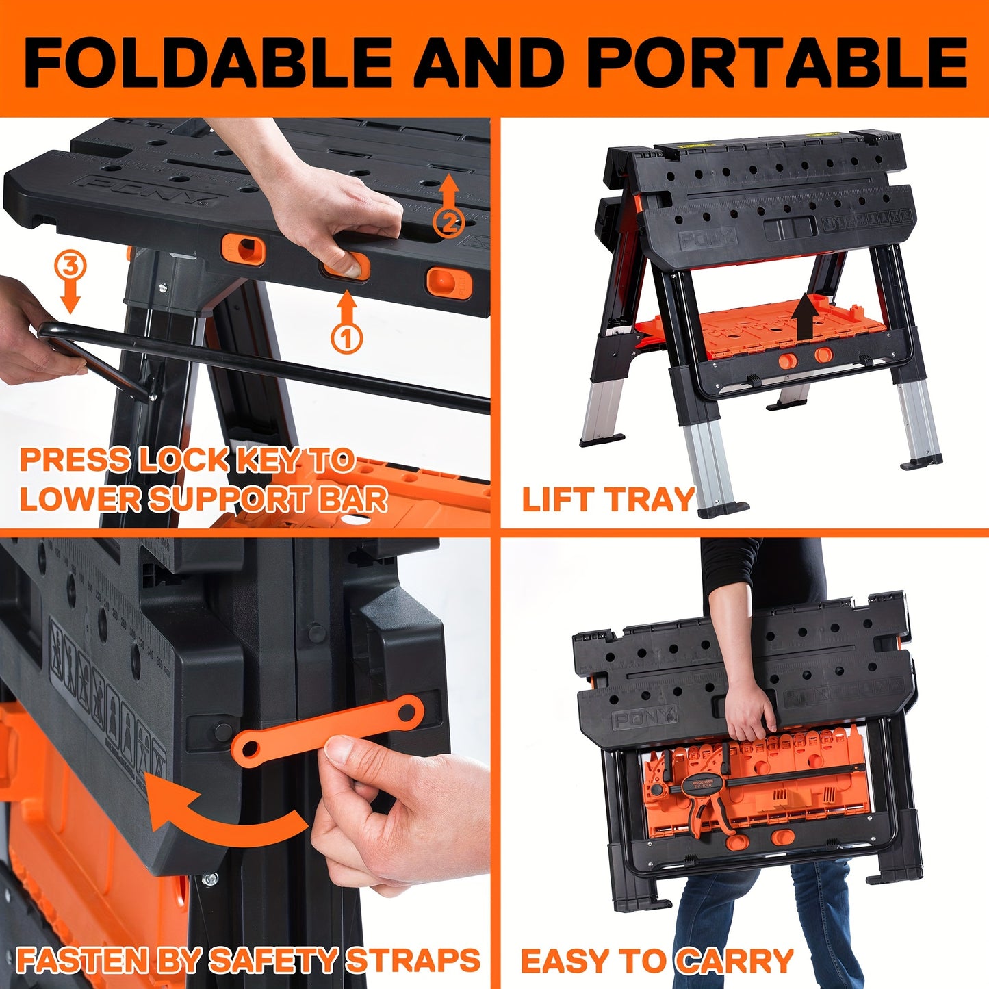 2‑in‑1 Aluminum Folding Workbench & Sawhorse, Portable Heavy‑Duty Work Table 1000/500 Lbs Load Capacity, Adjustable Height with Clamps, Bench Dogs & Safety Straps