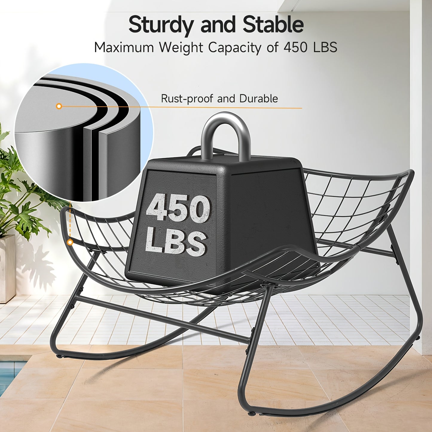 Oversized Outdoor Papasan Rocking Chair, 450LBS Heavy Duty Patio Egg Chair with Thick Soft Cushion, Comfy Rocker Chair for Porch Garden Backyard