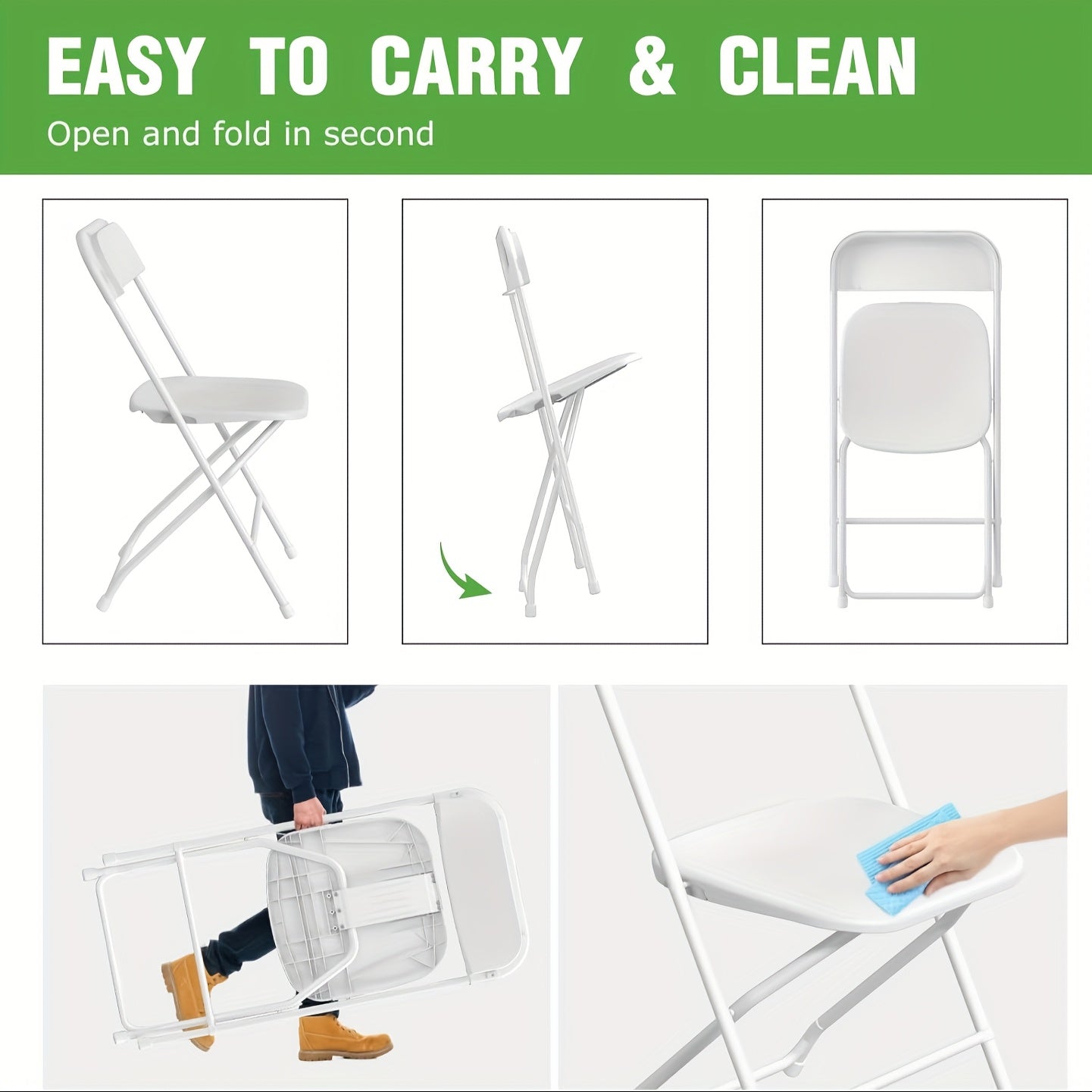 White Folding Chairs, 350 Lbs Heavy‑Duty Reinforced Plastic Stackable Chairs with Steel Reinforced Frame, Commercial Grade Indoor Outdoor Chairs for Wedding Banquet Restaurant Office Party Use
