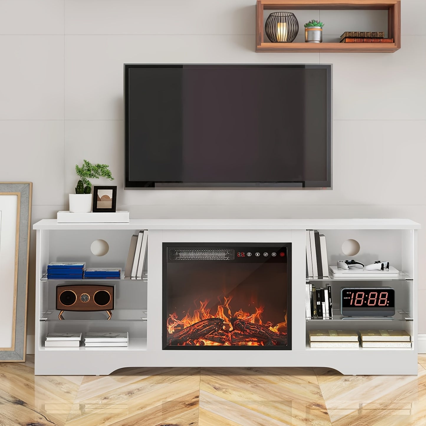 65 Inch Fireplace TV Stand, Modern Entertainment Center with 18 Inch Electric Fireplace, Media Console Cabinet with Glass Shelves & Storage for Living Room Farmhouse Decor