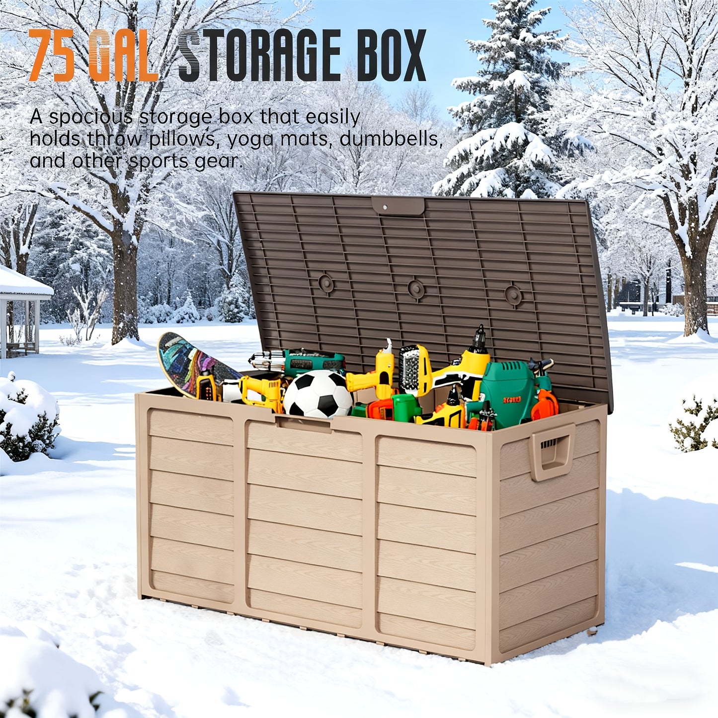 75 Gallon Resin Deck Storage Box with Handles, Easy Assemble Outdoor Waterproof Cabinet for Pool, Garden Tools, Camping Gear