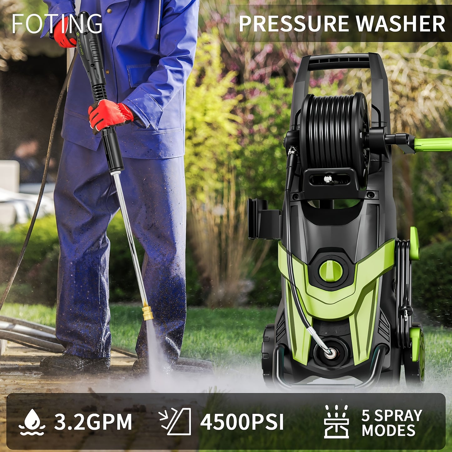 4500PSI Electric Pressure Washer, Portable High Power Washer with Nozzles Foam Cannon for Car Outdoor Home Cleaning