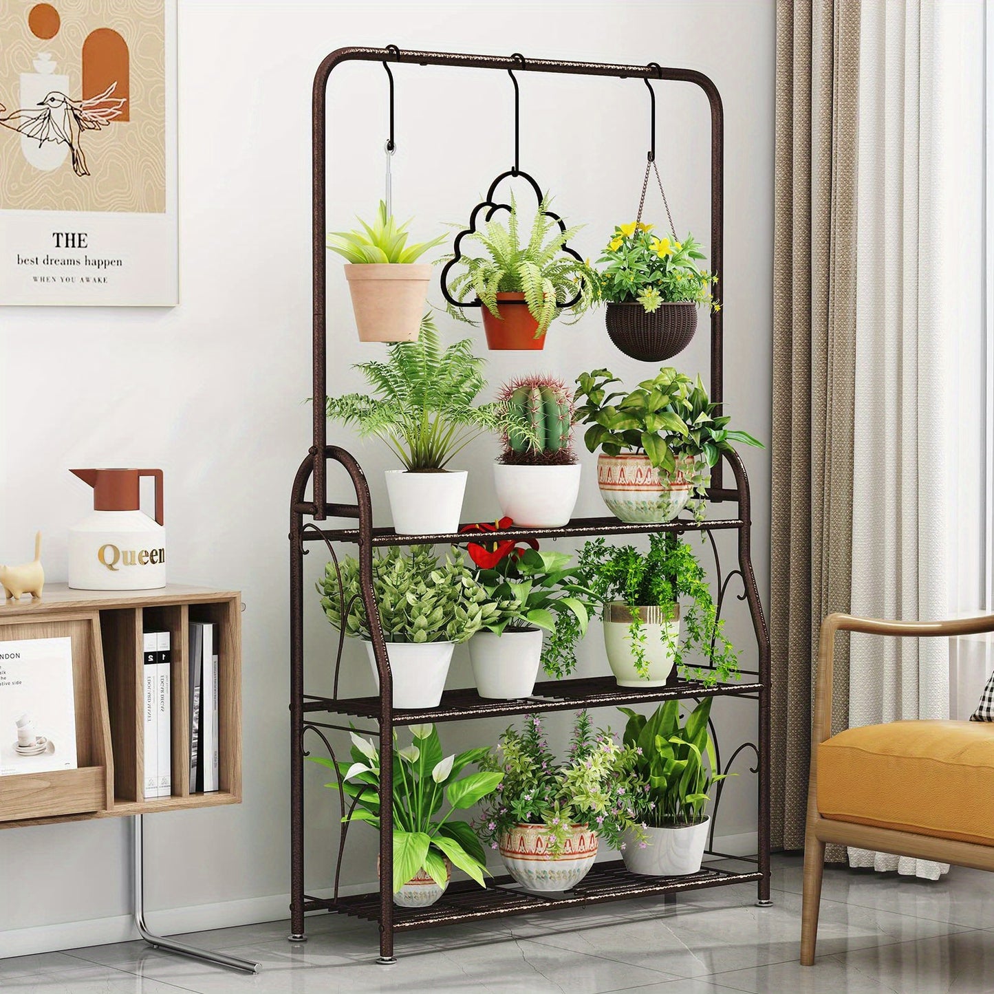 Dark Grey 3-Tier Metal Plant Stand, Indoor Outdoor Hanging Plant Shelf, Multi Flower Pot Holder for Balcony Garden and Home Decor