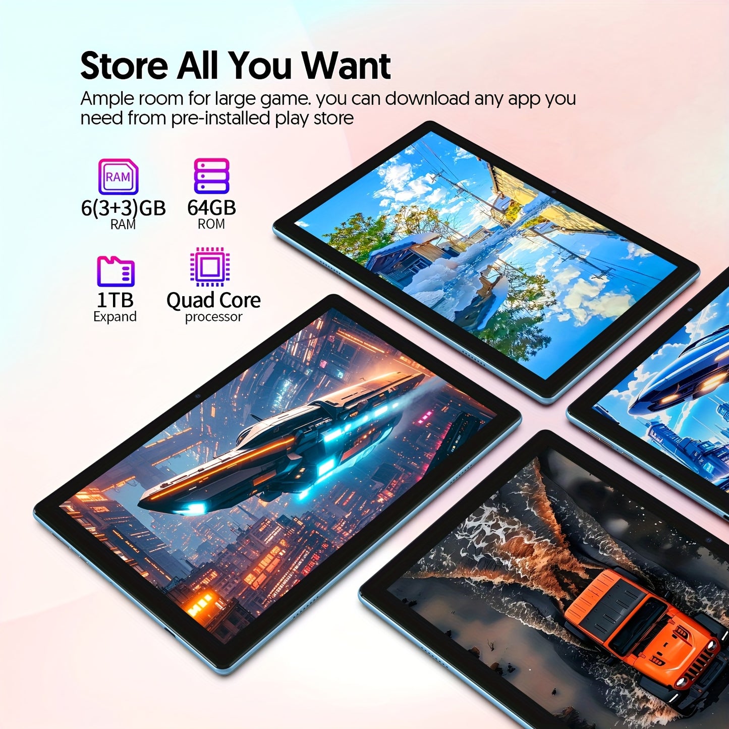 10 Inch Android 15 Tablet, 64GB ROM 12GB RAM Support 1TB Expand, Quad Core WiFi Tablet with FHD IPS Screen 6000mAh Battery, Dual Camera 2-in-1 Tablet with Keyboard Mouse Case Stylus