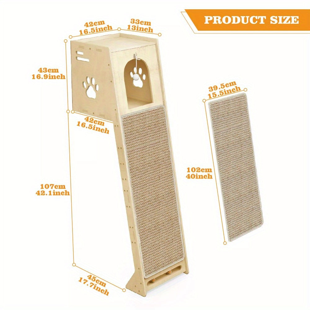 3-in-1 Cat Tree Tower, Wooden Cat House with Climbing Post & Scratching Board, Multi-functional Cat Activity Play Furniture for Kitten Indoor Entertainment