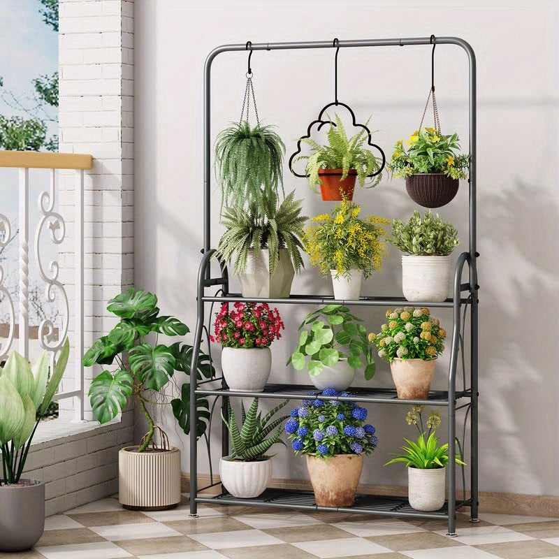 Dark Grey 3-Tier Metal Plant Stand, Indoor Outdoor Hanging Plant Shelf, Multi Flower Pot Holder for Balcony Garden and Home Decor