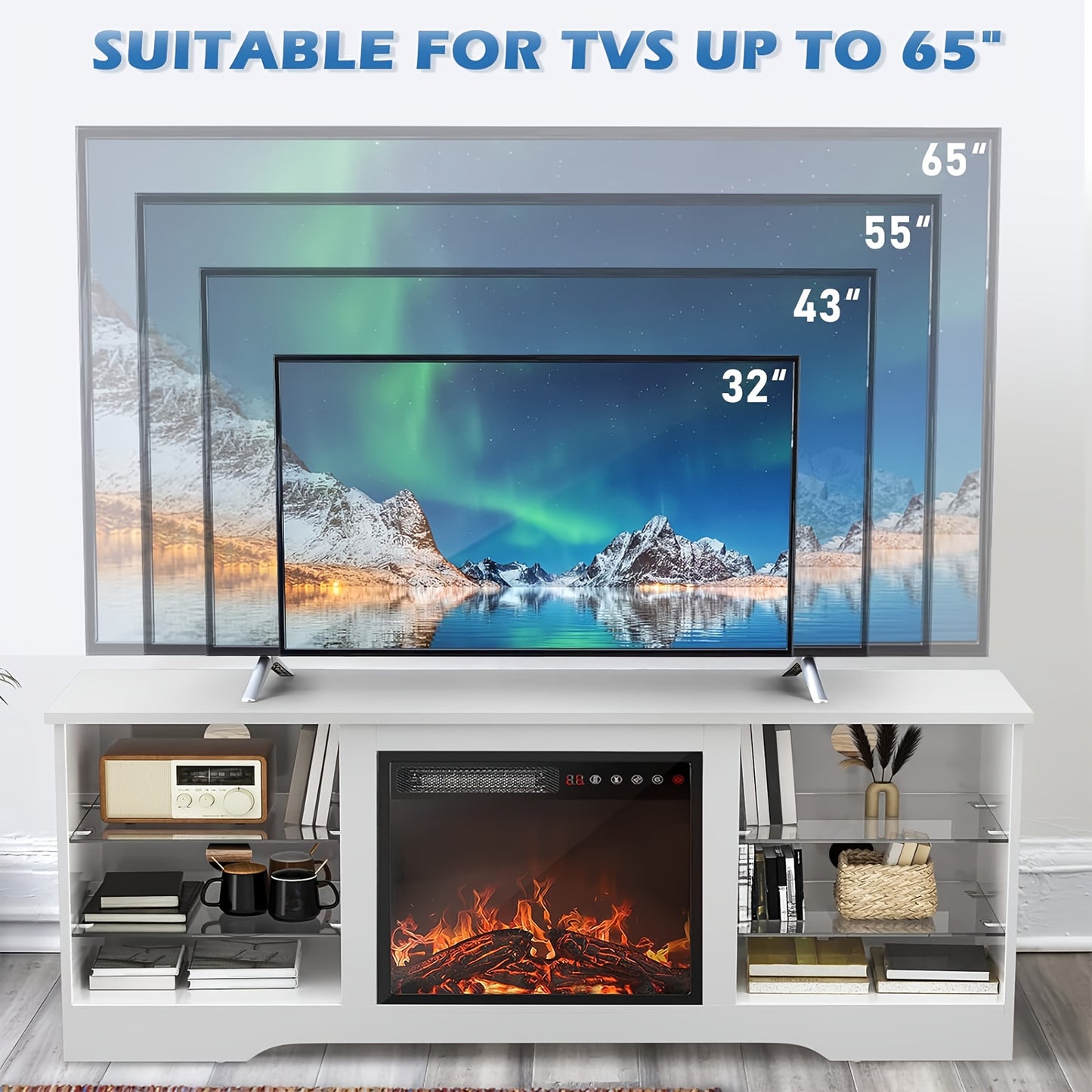 65 Inch Fireplace TV Stand, Modern Entertainment Center with 18 Inch Electric Fireplace, Media Console Cabinet with Glass Shelves & Storage for Living Room Farmhouse Decor
