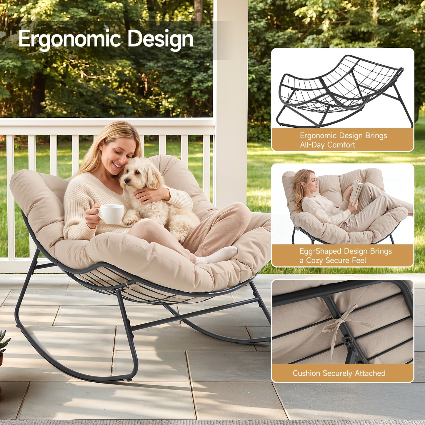 Oversized Outdoor Papasan Rocking Chair, 450LBS Heavy Duty Patio Egg Chair with Thick Soft Cushion, Comfy Rocker Chair for Porch Garden Backyard