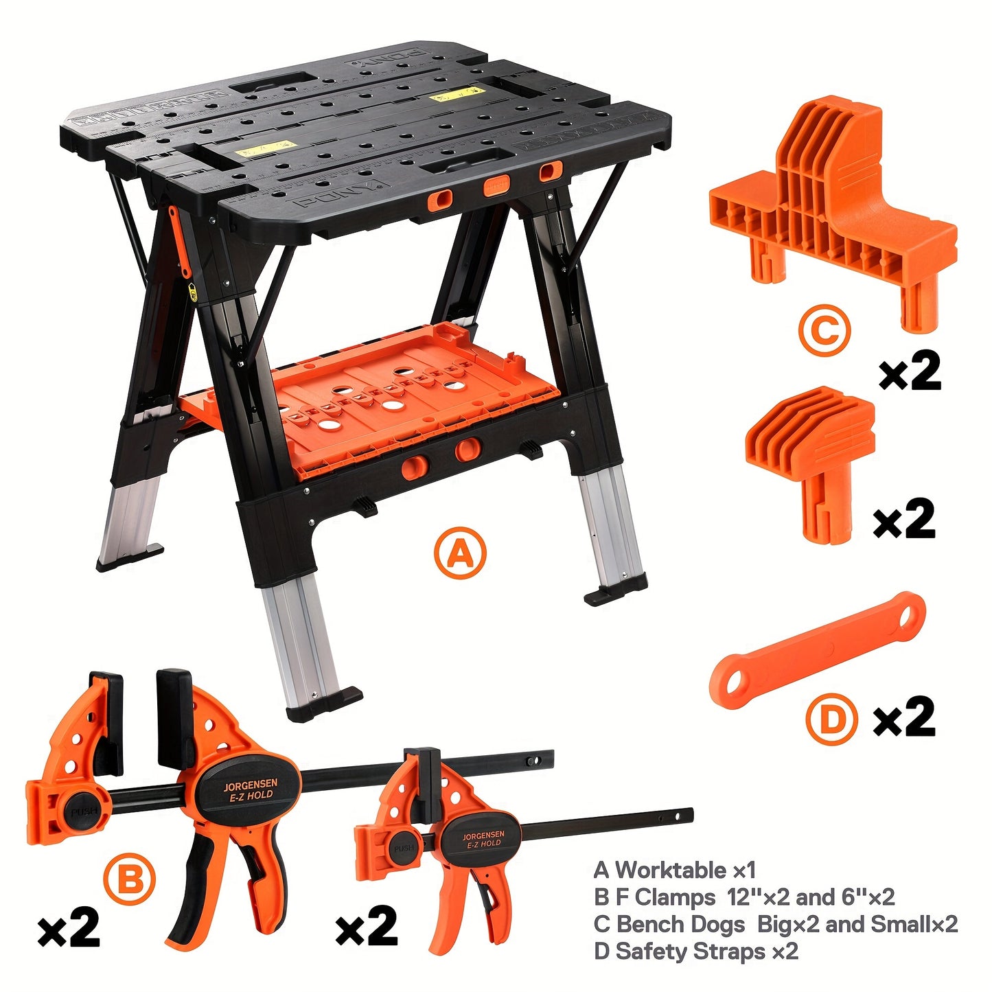 2‑in‑1 Aluminum Folding Workbench & Sawhorse, Portable Heavy‑Duty Work Table 1000/500 Lbs Load Capacity, Adjustable Height with Clamps, Bench Dogs & Safety Straps
