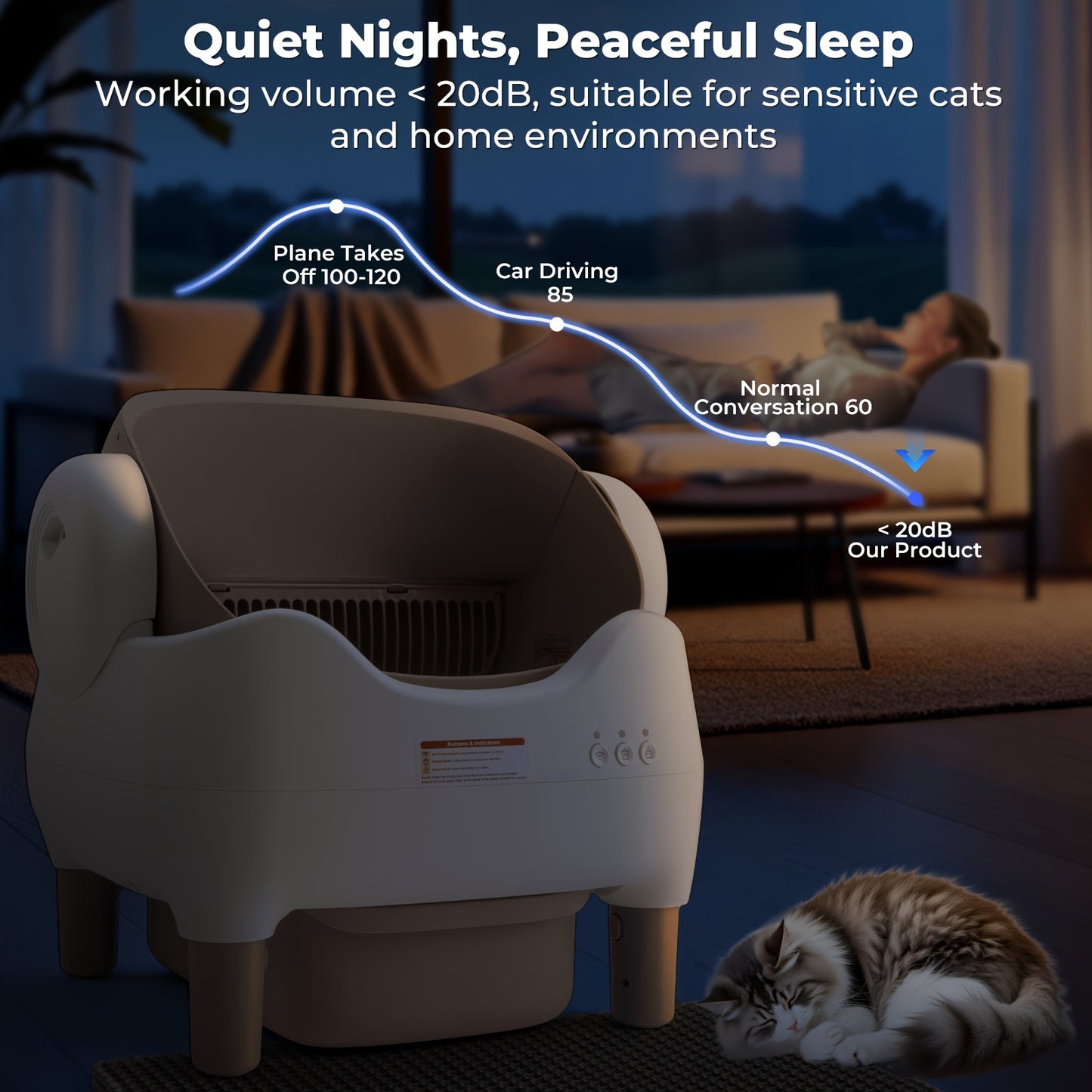 Smart Open‑Top Self‑Cleaning Cat Litter Box, App‑Controlled Automatic Litter Box with Odor Removal & Ambient Light, Large Waste Bin for Multi‑Cat Families