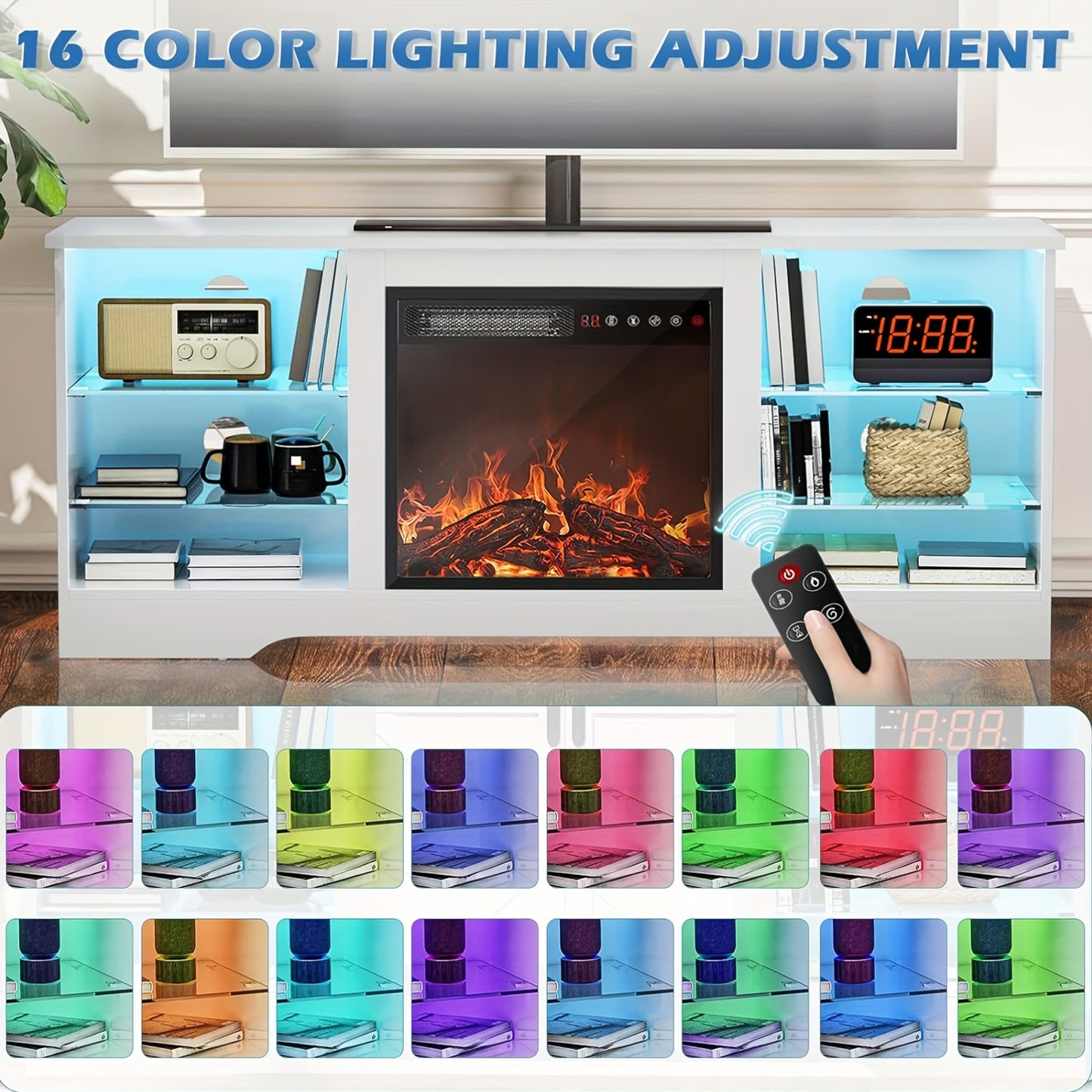 65 Inch Fireplace TV Stand, Modern Entertainment Center with 18 Inch Electric Fireplace, Media Console Cabinet with Glass Shelves & Storage for Living Room Farmhouse Decor