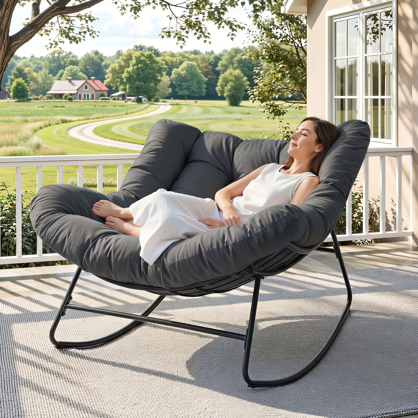 Oversized Outdoor Papasan Rocking Chair, 450LBS Heavy Duty Patio Egg Chair with Thick Soft Cushion, Comfy Rocker Chair for Porch Garden Backyard