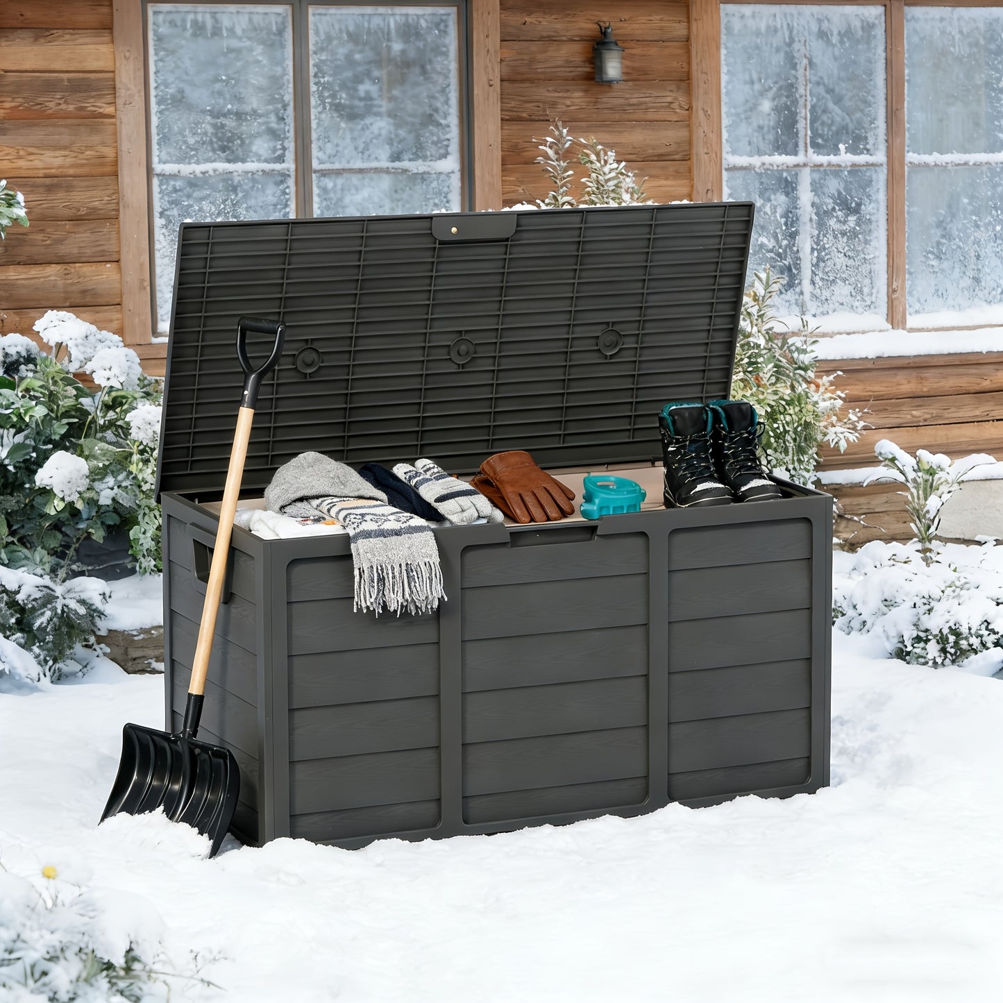 75 Gallon Resin Deck Storage Box with Handles, Easy Assemble Outdoor Waterproof Cabinet for Pool, Garden Tools, Camping Gear
