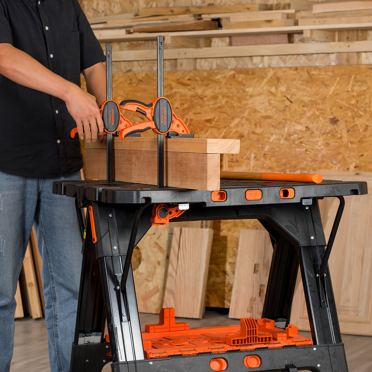 2‑in‑1 Aluminum Folding Workbench & Sawhorse, Portable Heavy‑Duty Work Table 1000/500 Lbs Load Capacity, Adjustable Height with Clamps, Bench Dogs & Safety Straps