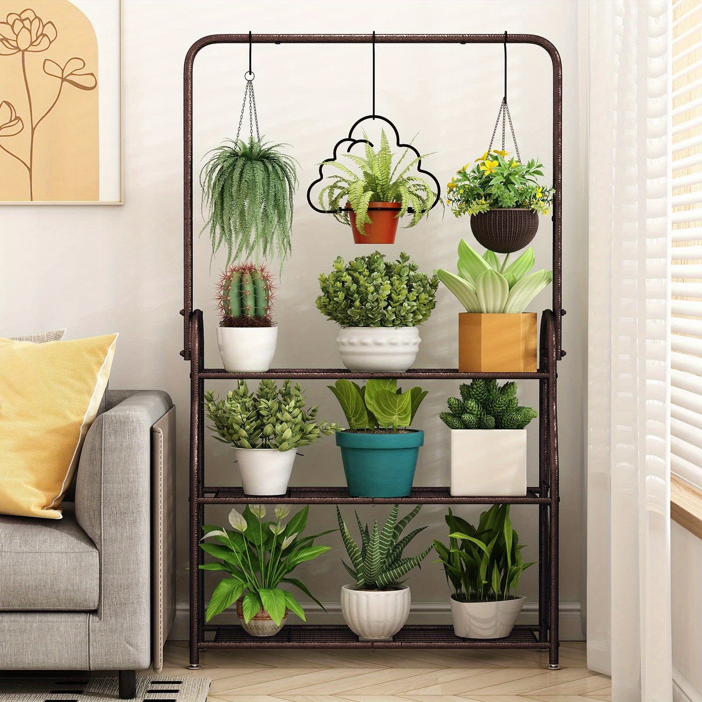 Dark Grey 3-Tier Metal Plant Stand, Indoor Outdoor Hanging Plant Shelf, Multi Flower Pot Holder for Balcony Garden and Home Decor